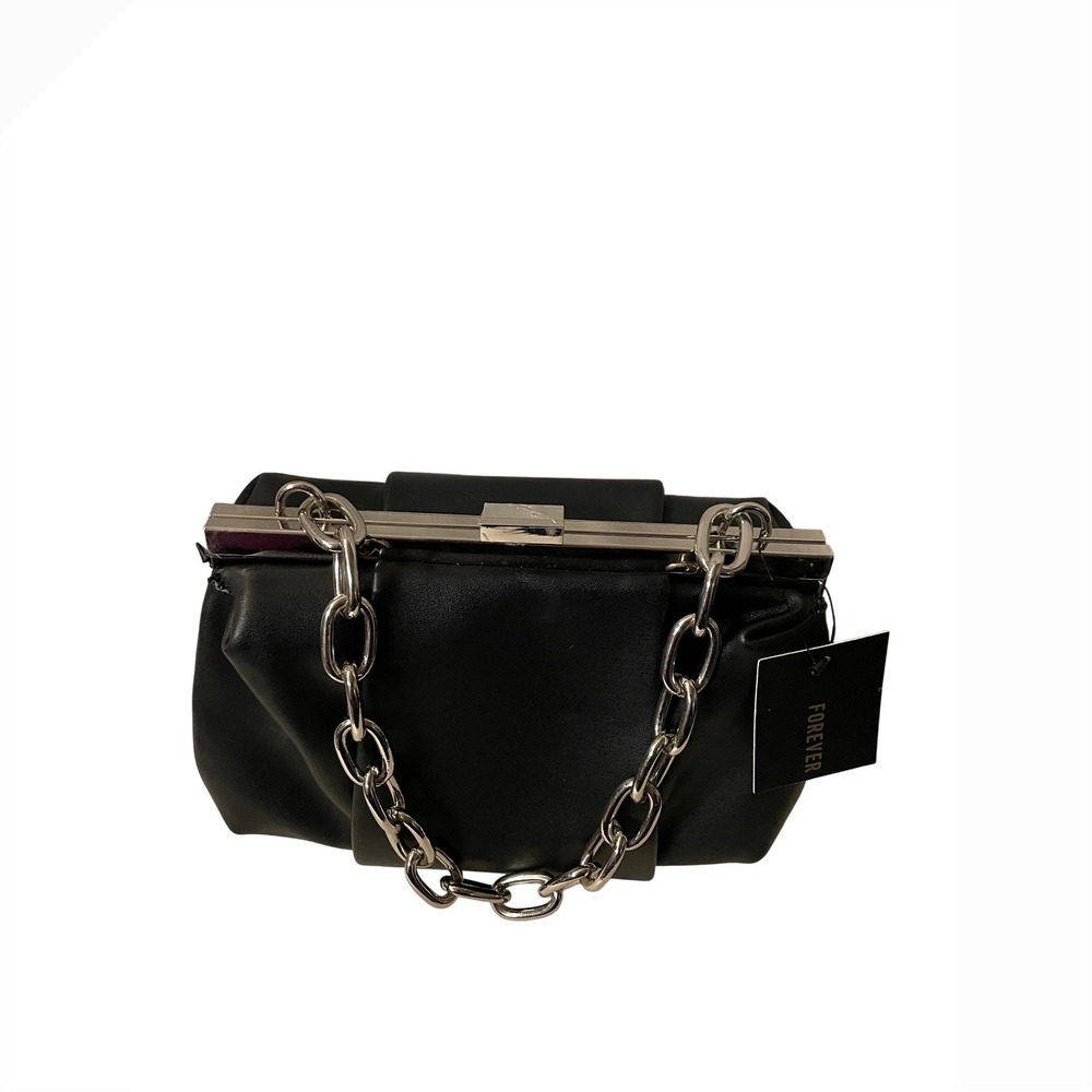 Forever 21 Black Faux Leather Pleated Frame Clutch Bag with Silver Chain Strap